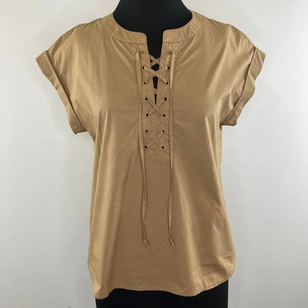 J.CREW Lace Up Popover Short Sleeve Top Brown Tan 100% Cotton Style G3922 Size 4